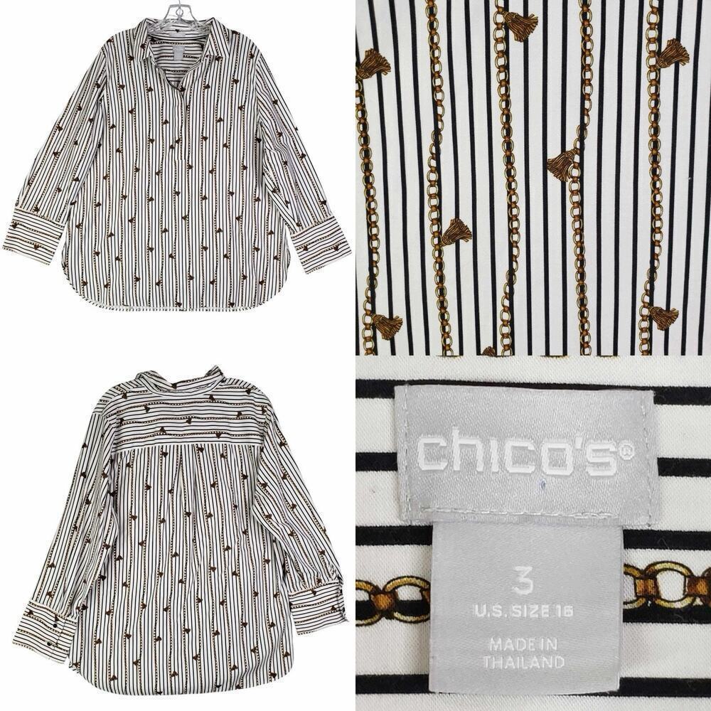 Chico's White Striped Button-Down Shirt with Gold Chain Motif